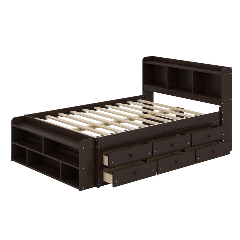 Lit double avec tête de lit bibliothèque intégrée, tiroirs et rangement au bout du lit, Espresso