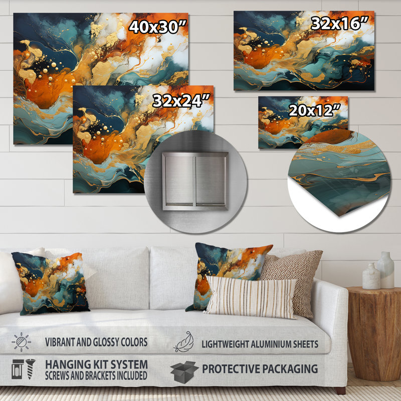 Tempête de marbre bleu et doré V - art mural abstrait en métal MT137162, H 16 po x l 32 po x P 1 po