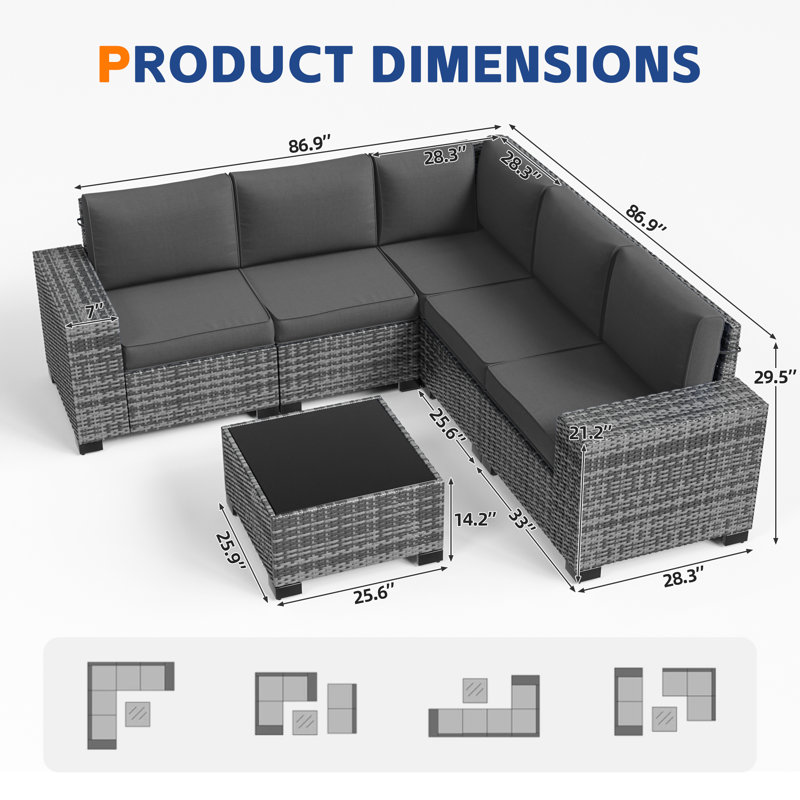 5 - Person Wicker Outdoor Modular Sectional Seating Group with Cushions, Dark Gray Cushion/Gray Frame, 6 Pcs: Table, 5 Chairs