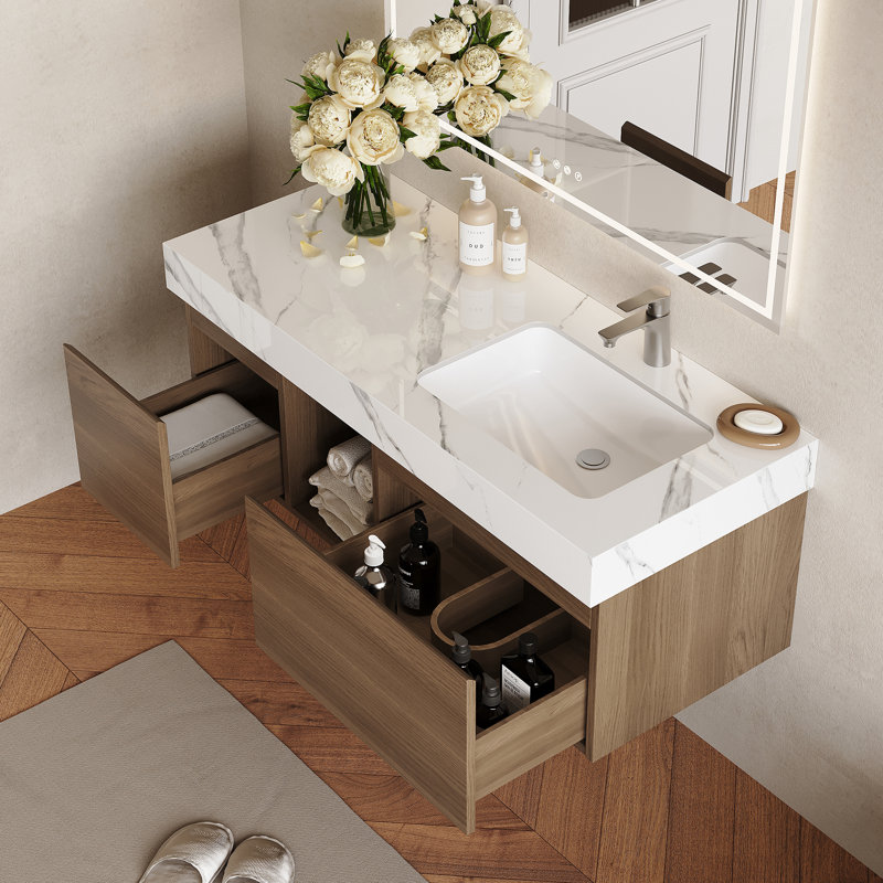 Meuble-lavabo 36 po en noyer avec lavabo, meuble-lavabo simple en bois moderne avec rangement, meuble de salle de bain de conception minimaliste avec drain