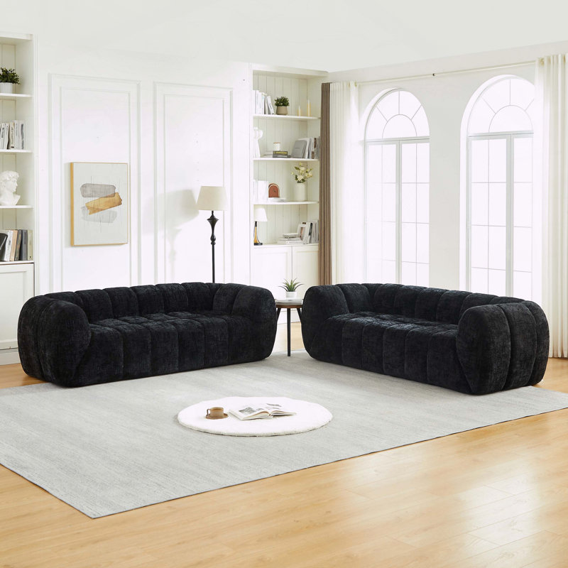 Canapé moderne en chenille pure mousse avec siège matelassé et dossier à touches piano, Noir