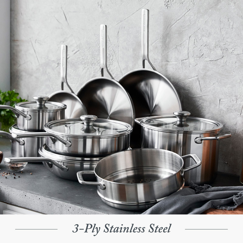14-Piece Stainless Steel Tri-Ply Cookware Set with Glass Lids