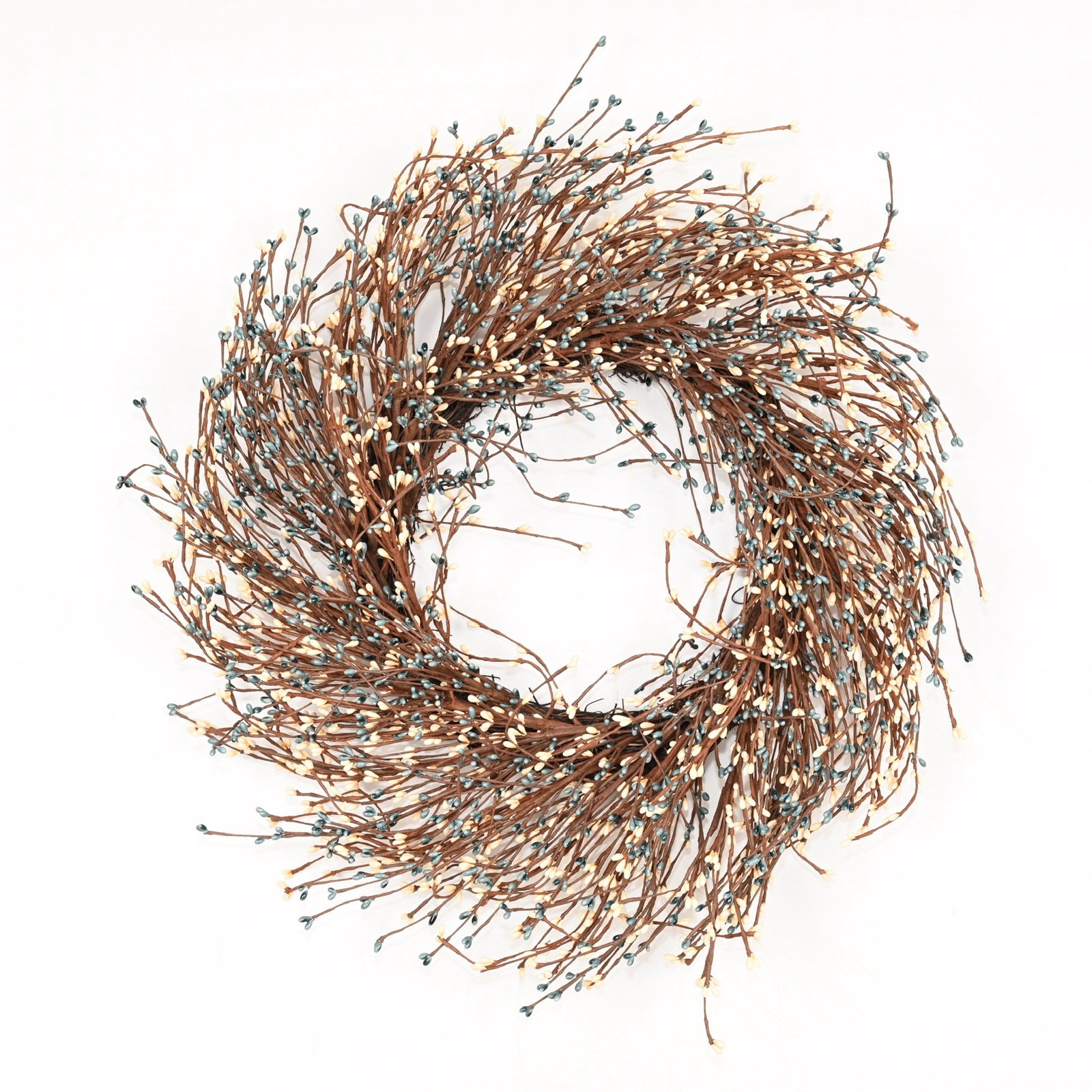 24" Artificial Farmhouse Twig Fall Harvest Blossoms Cluster Berry Thanksgiving Day Front Door Wreath, Gray