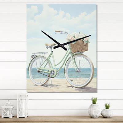 Retro Blue Bicycle With Basket On The Beach - Beach Wall Clock Oversized