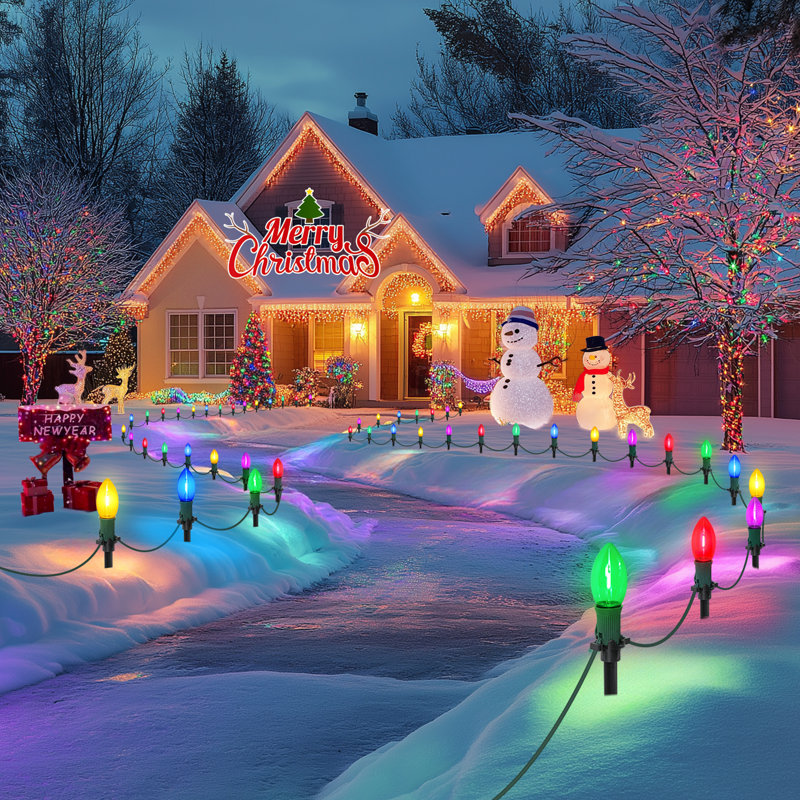Multicolore 30 lumières de chemin de Noël avec piquets 30 pi, 20 grandes ampoules, connectables, RVB C9, Multi-couleur