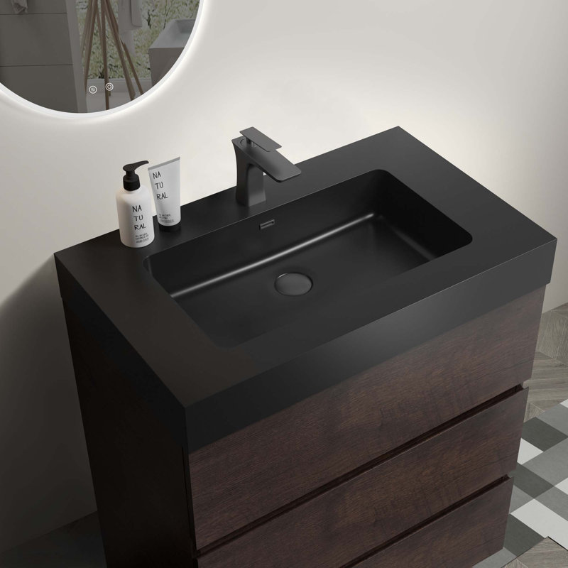 Meuble-lavabo autoportant moderne avec lavabo sans drain et robinet, Noir, Noyer