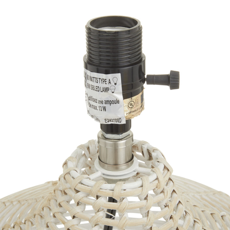 Rattan Handmade Woven Table Lamp with Drum Shade, White, Beige