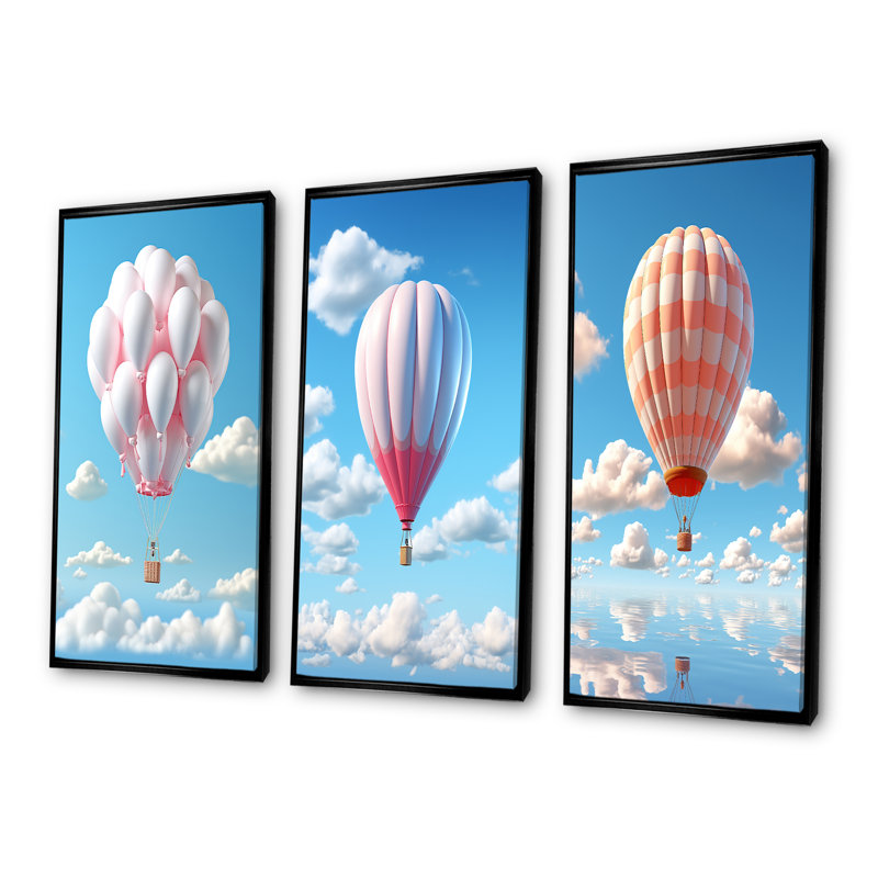 Ensemble de 3 décorations murales Skyhigh Balloon Whimsy - Montgolfière, H 40 po x l 60 po, Cadre flottant noir