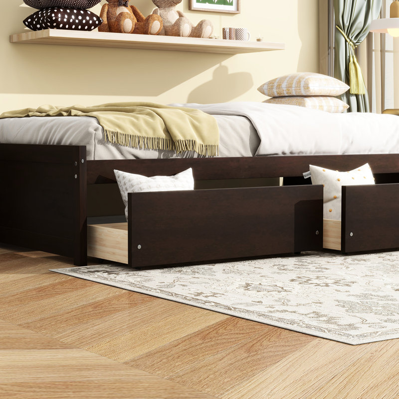 , Lit simple, Tiroirs, Bois d'hévéa, Essence de conception minimaliste, Tiroir peu encombrant, Plateforme de lit de soutien solide de style moderne 2, Tiroirs avec roulettes, Aménagement de chambre à coucher