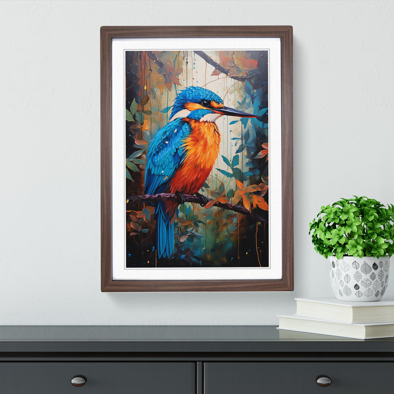 Kingfisher Expressionism Art - Framed Print, 46cm H x 34cm W x 2cm D, Walnut Framed