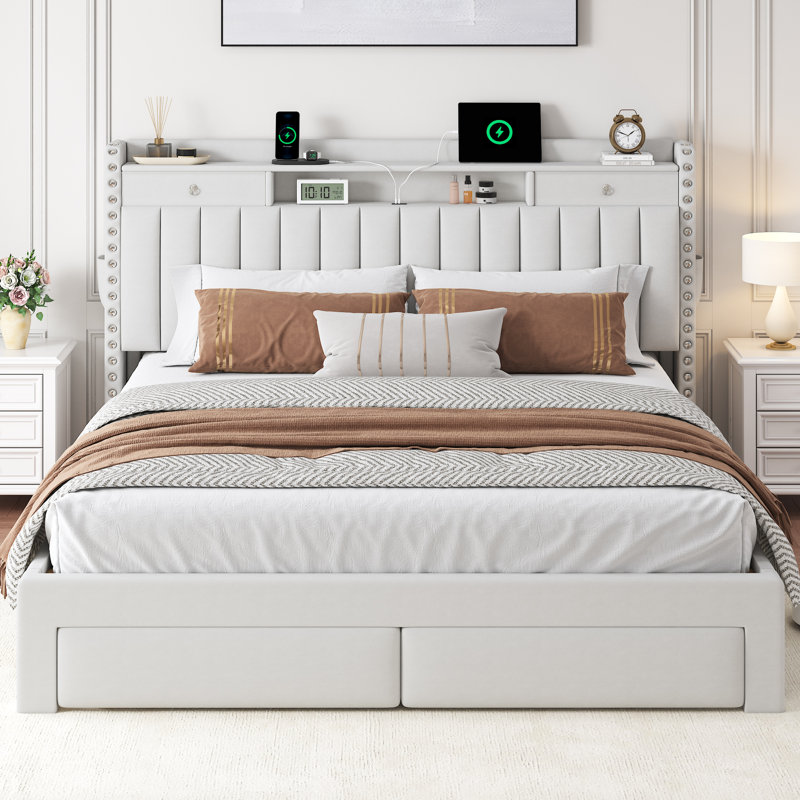 Cadre de lit plateforme en velours blanc, format Queen, avec 4 tiroirs et tête de lit ouverte avec rangement, station de charge USB et Type-C intégrée, sommier non requis, montage facile en 30 minutes.