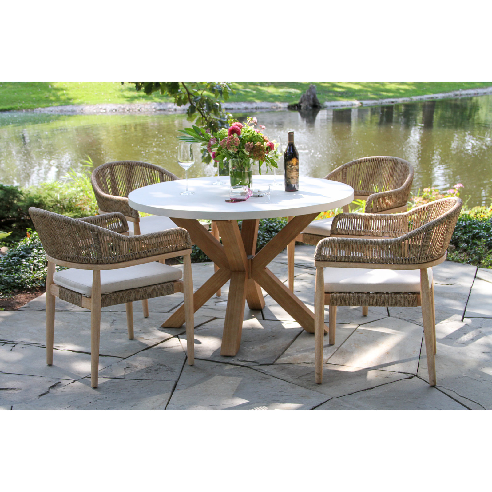 Posey 4-Person Outdoor Dining Set with Cushions, Natural Wood