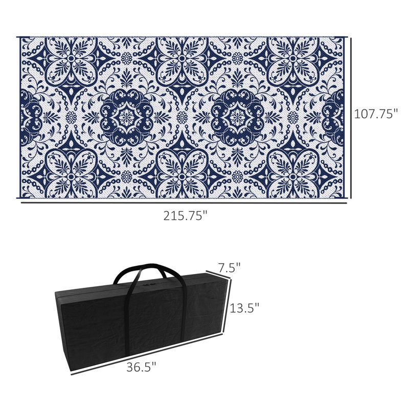 Waterproof Outdoor Rug, 9' X 18', Polypropylene Plastic Straw Carpet With Blue & White Floral, Portable Carry Bag For Picnic, Beach, Backyard, Deck, Rv Rug Carpet, Mat,