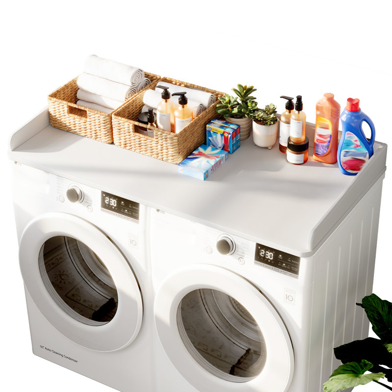 Dryer Countertop, Laundry Wood Shelf Topper With Edge, 54" Width X 26.7" Depth Cover Guard Organizer For Washer And Dryer Laundry Hamper Counter Storage Organization (White)