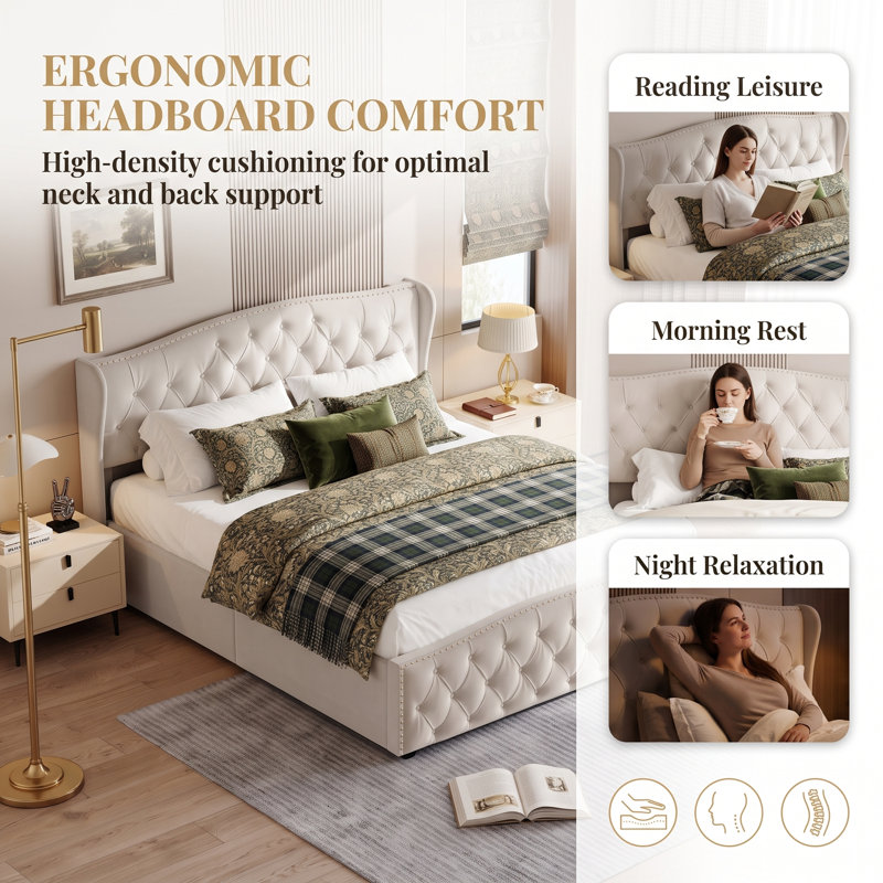 Lift Up Storage Bed Frame, Small Double (4'), Beige