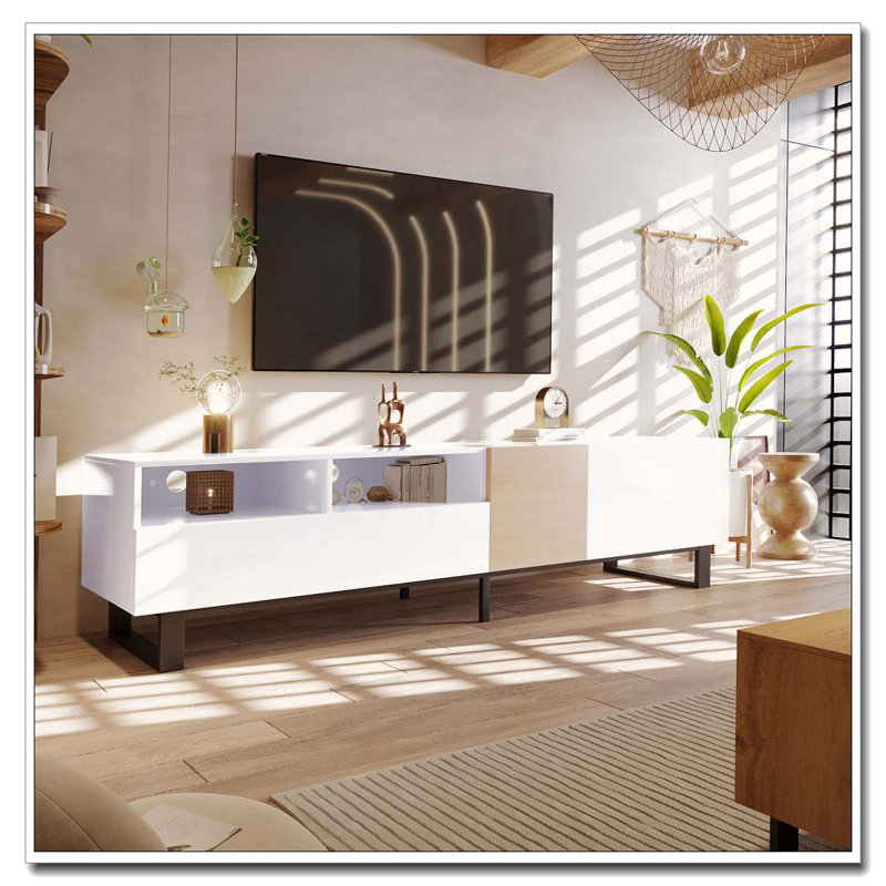 Meuble télé pour téléviseur de 80 po avec double espace de rangement et console multimédia, Blanc/naturel