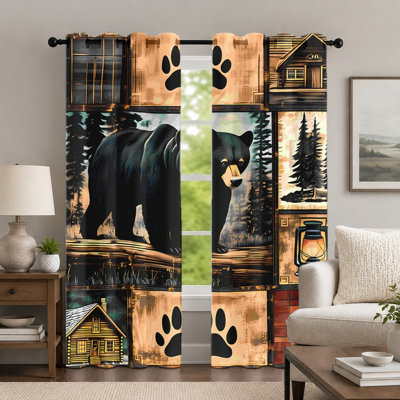 2Pcs Black Bear and Forest Print Curtains, Rustic Cabin Style Window Panels, Woodland Animal Patterned Grommet Drapes, Artistic Nature Scene Decoration for Bedroom Living Room Decor
