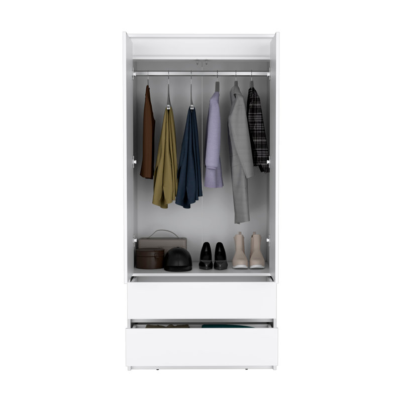 Armoire, penderie avec deux tiroirs, tringle, Blanc