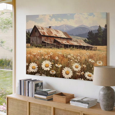 Rustique, grange et champ de marguerites, campagne nostalgique, tranquillité sur toile, art mural prêt à accrocher, décoration de qualité supérieure
