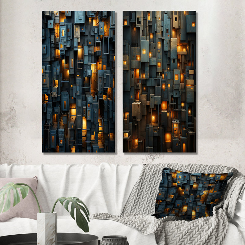 «Copper Canyons Skycrapers Cityscape», ensemble de 2 pièces murales abstraites en métal, H 28 po x l 24 po