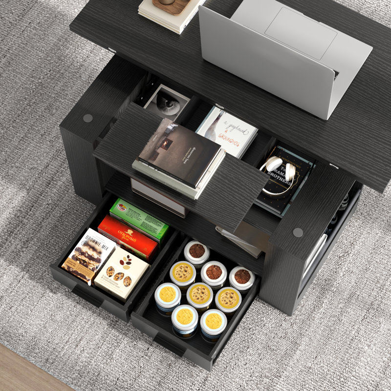 Table basse à plateau relevable, table basse multifonctionnelle 4 en 1 avec rangement, Noir
