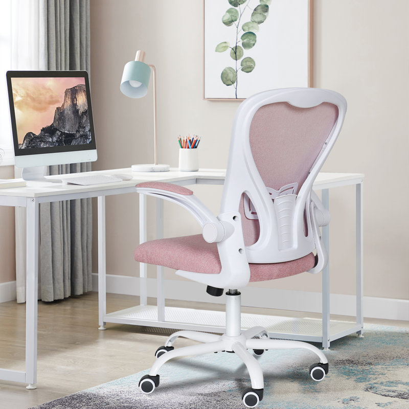 Swivel Office Chair With Lumbar Support, Adjustable Fabric Computer Chair With Flip-Up Armrest, Pink