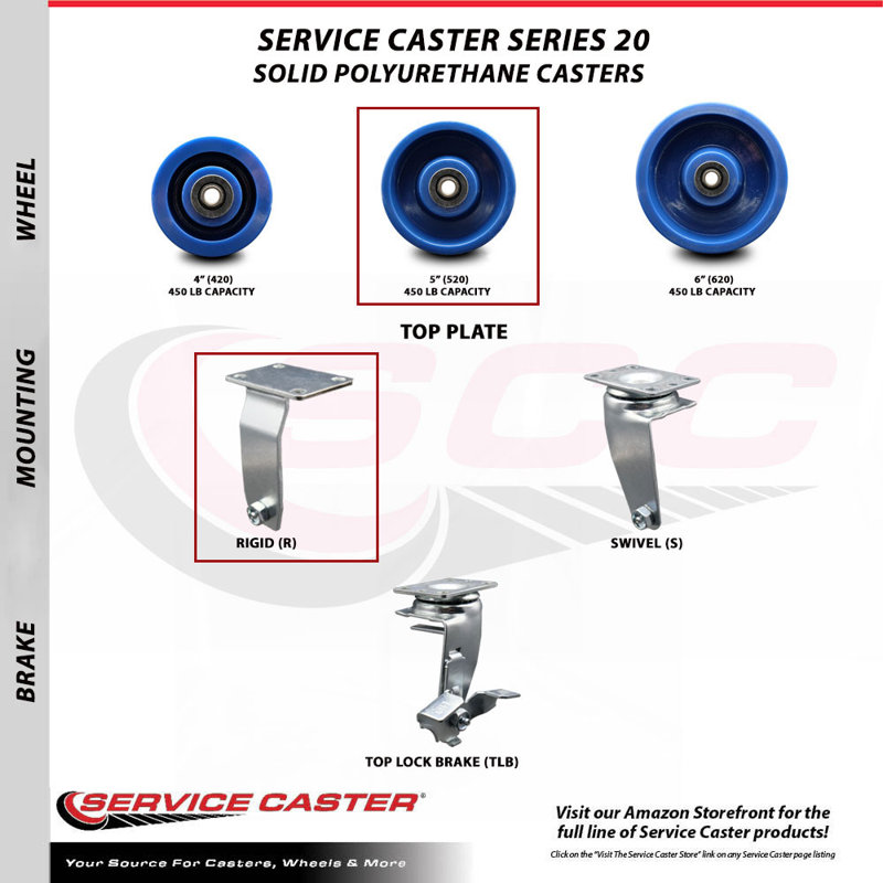 4 Piece Solid Polyurethane Caster Set with Roller Bearings 2 Brakes 2 Rigid