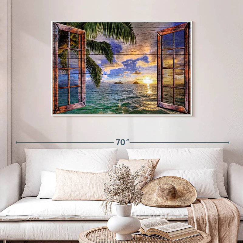 Vue de fenêtre en bois tropical, 46 po x 31 po, Cadre flottant blanc