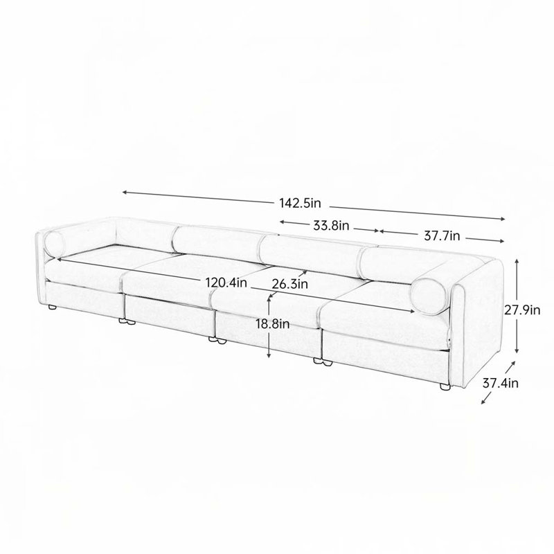 Canapé en chenille, H 27,9 po x l 142,5 po x P 37,4 po, 4, Blanc