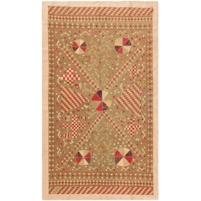 One-of-a-Kind 4' X 7'2" 1900s Silk Area Rug in Olive/Red/Beige
