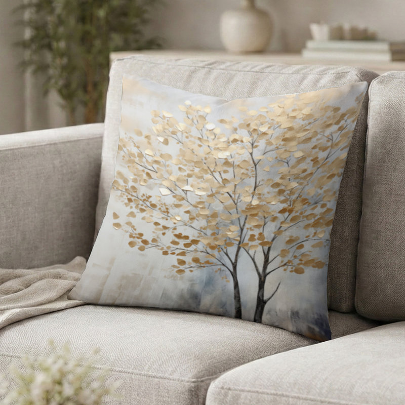 Minimalism Gold And Blue Trees Scene Pillow - Trees Printed Throw Pillow, 18"H x 18"W