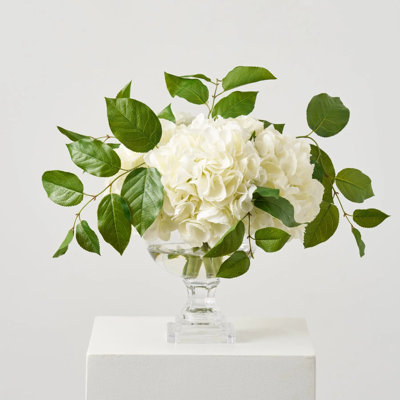 Full Bloom Lifelike White Hydrangea & Salal Leaf Greenery in Luxury Pedestal Bowl Everyday Centerpiece Water Illusion Arrangement