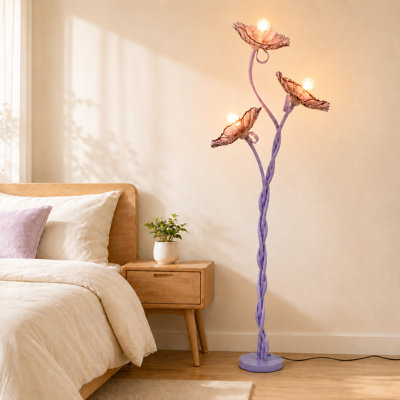 Lampe sur pied mauve lotus avec 3 ampoules DEL incluses, lampe sur pied en verre floral à 3 lumières avec tige torsadée réglable, 3 modes de température de couleur, lampe sur pied pour salon, chambre à coucher, coin lecture