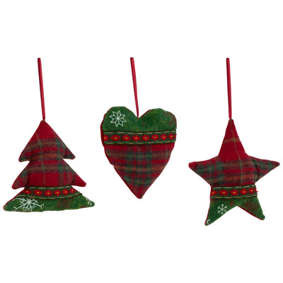 Ornements d'arbre de Noël écossais cœur et étoile - 5 po - rouge et vert - ensemble de 3