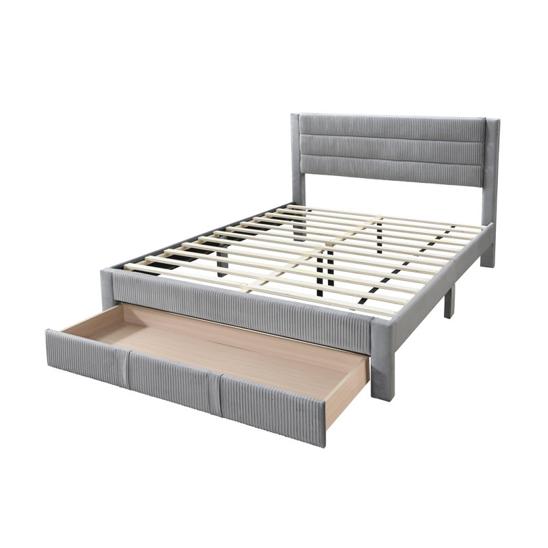 Grand lit avec tête de lit en velours côtelé gris et espace de rangement sous le lit, Gris
