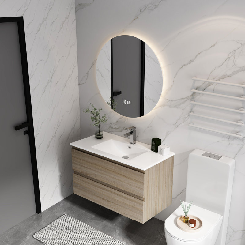 Meuble-lavabo de salle de bain 36 po - Lavabo en céramique, 2 tiroirs, look contemporain avec évier moderne, 36", Naturel