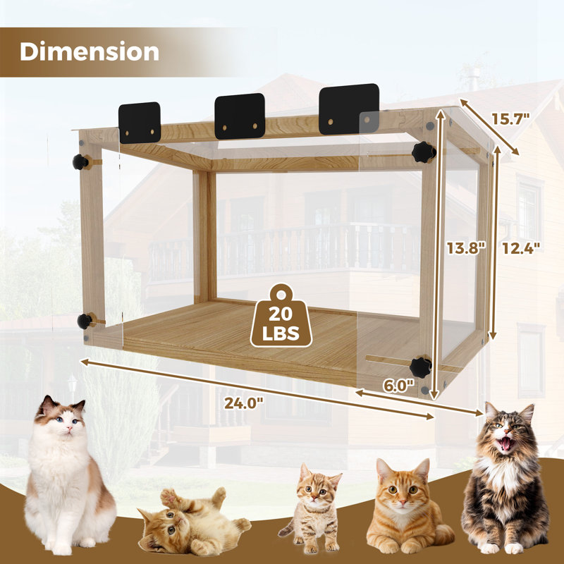 Boîte de rangement imperméable en bois pour chat avec fenêtre à suspendre simple de 24 à 35 pouces de largeur