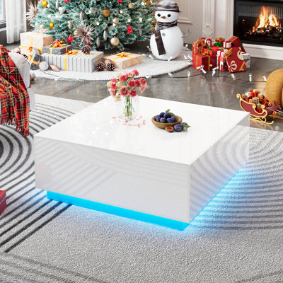Table basse haute brillance avec 2 tiroirs de rangement, tables basses carrées de 43 po avec lumières DEL, APP et télécommande, table de salon moderne, blanc