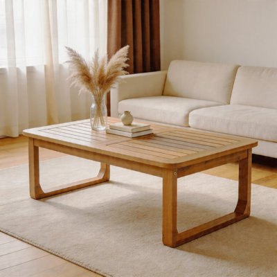 Rectangular Acacia Wood Outdoor Coffee Table, Light Teak Finish with Curved Legs