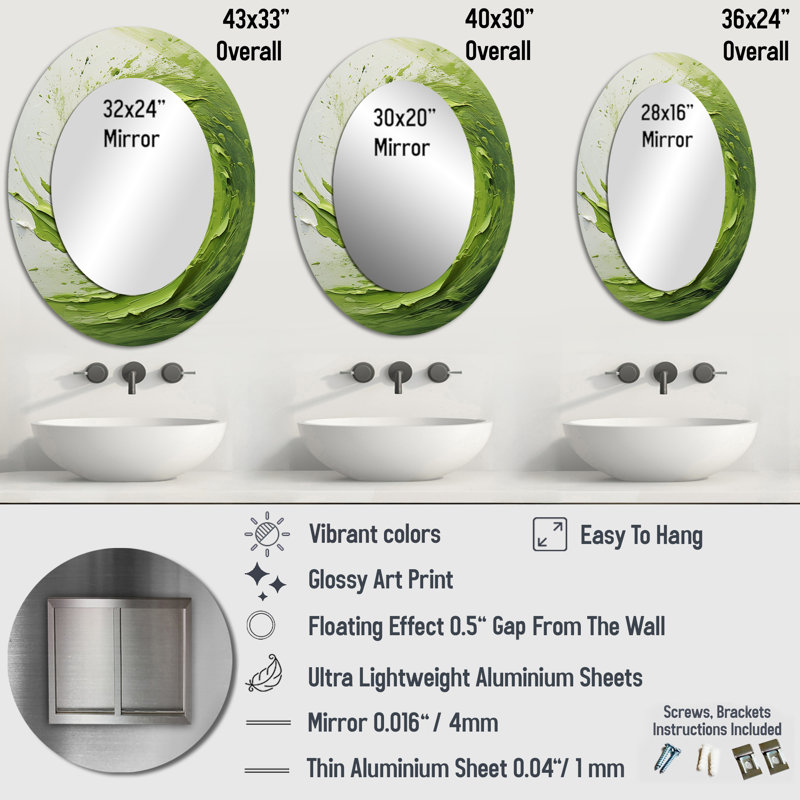 Miroir mural ovale vert et blanc à spirale abstraite V - Grand, 36 po x 24 po