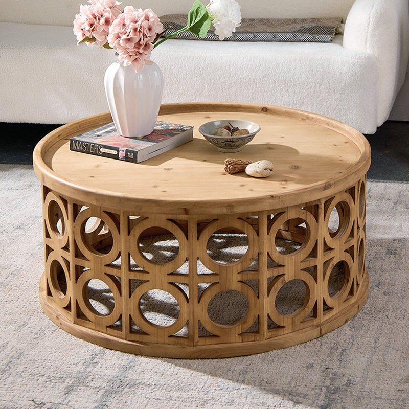 Table basse ronde en bois massif rétro Burlywood, H 14,17 po x L 31,35 po x l 31,35 po