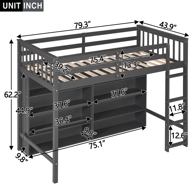 62.2''H Wooden Loft Bed with Storage Shelves,Space Saving Design Bed with Built-in Ladder, Twin, Gray