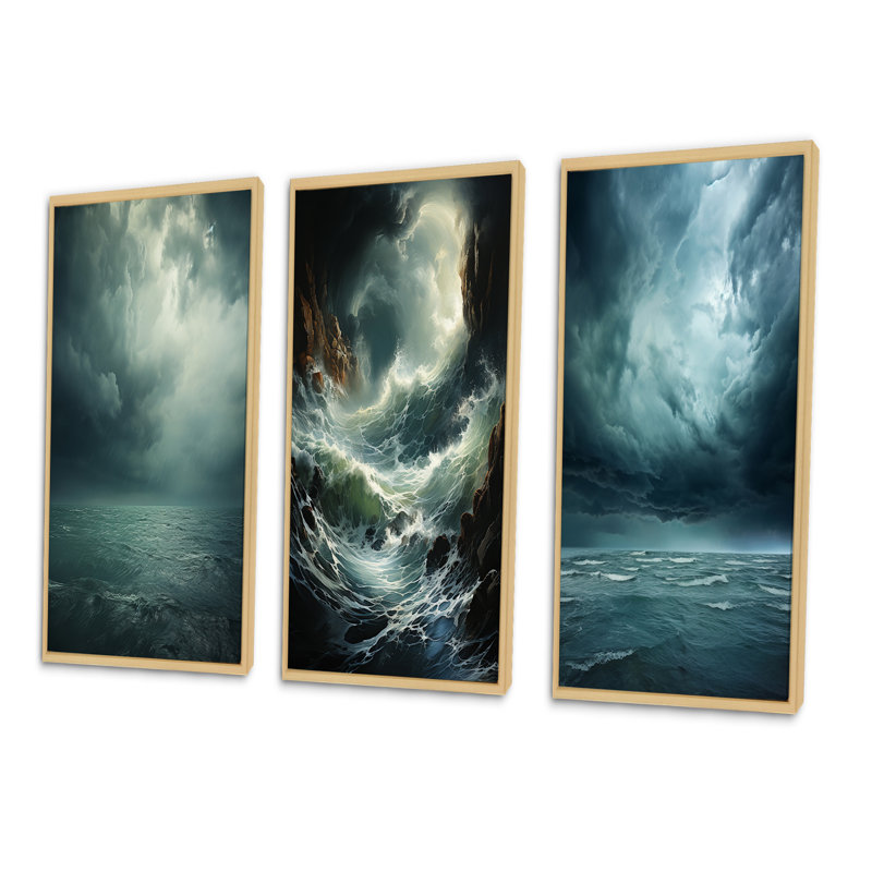 " Ocean Storm Harmony " 3 - Pieces, Natural Framed, 40" H x 60" W