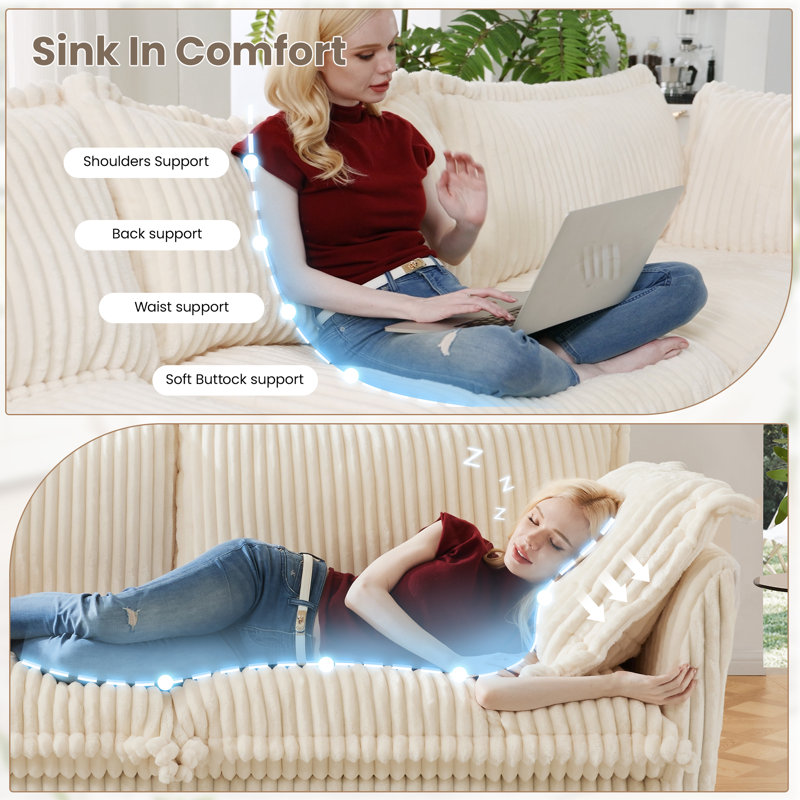 Sectional 2 Seater Sofa Couch With Convertible Ottoman Corduroy Fabric, Cream
