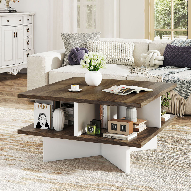 Table basse carrée à 2 niveaux avec rangement