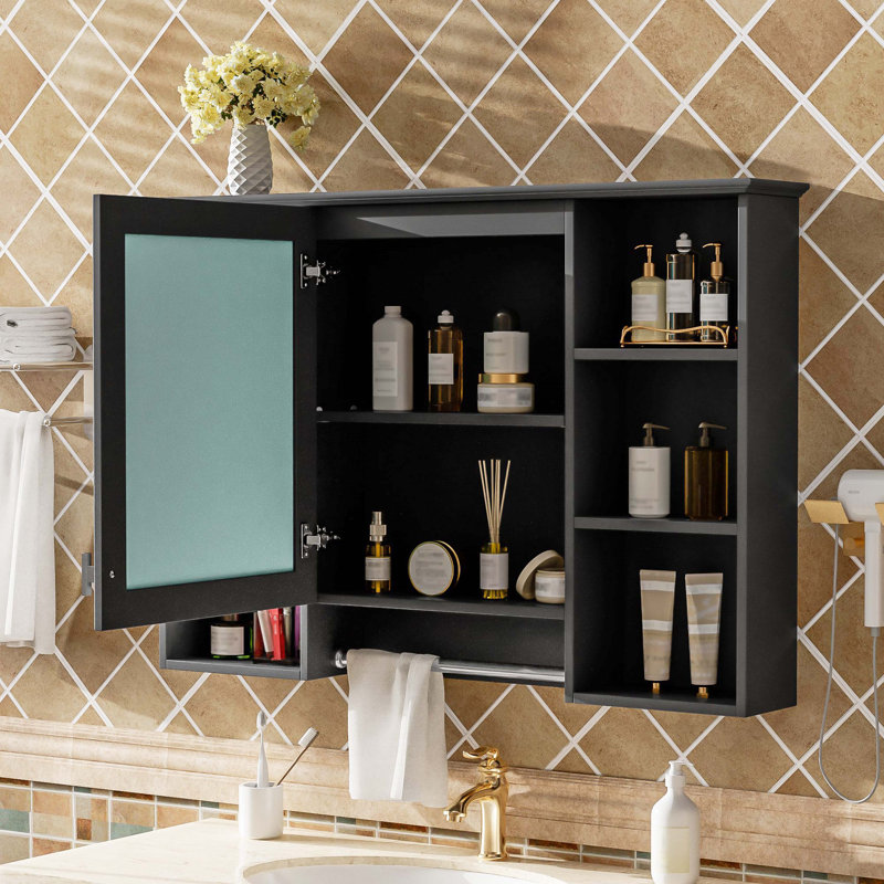 Armoire de toilette murale 42 po 3-en-1, miroir haute définition avec tablette réglable et porte à fermeture en douceur, Noir