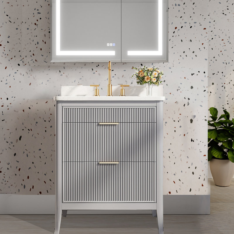 Ensemble de meuble-lavabo autoportant moderne en bois massif avec plateau en marbre, 30", Gris clair