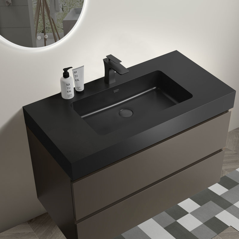 Meuble-lavabo de salle de bain flottant mural, Gris, Noir, 36"