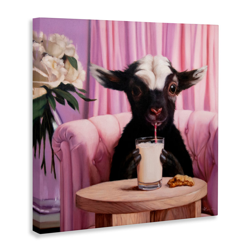 Bébé chèvre sirotant une toile de lait, design par Lucia Heffernan, H 17 po x l 17 po