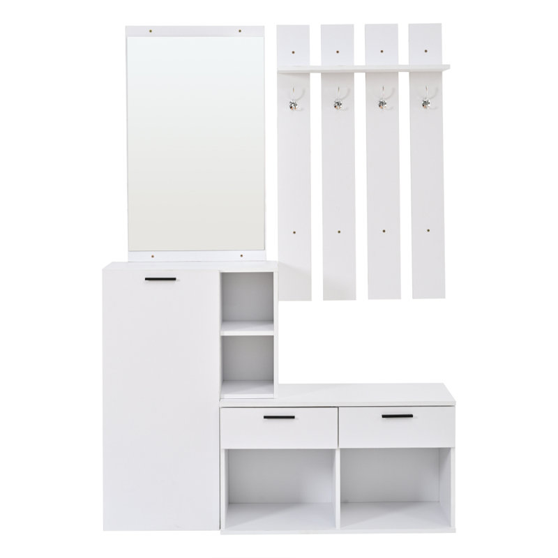 Modern Entryway Hall Tree with Shoe Cabinet, Mirror, Hanging Hooks and Double Drawers